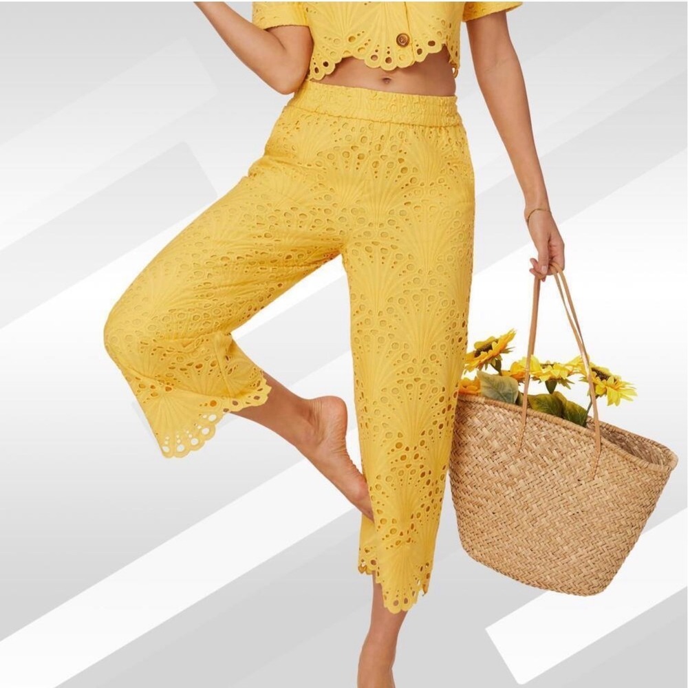 Andie Suasi Pant Yellow Eyelet Cotton Cropped Wide Leg Size S